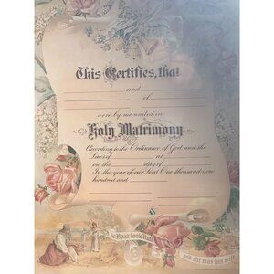Marriage Certificate Holy Matrimony Unused Keepsake Display Colored Wedding Gift